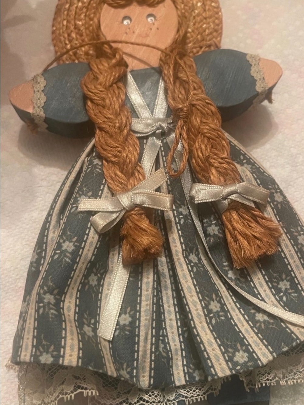 Source Unknown Blue and Cream Folk Doll with Braided Yarn Hair